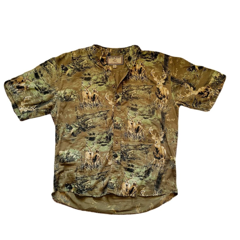 Bit & Bridle Buck and Fence Short Sleeve Button Up Collared Shirt Men' Size XL